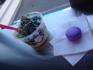 Green tea snocream with mochi, M&M'S, and condensed milk, plus taro macaron.